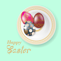 Easter eggs in a saucer isolated on a green background.