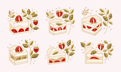 Set of pastry, cheese cake, bakery logo elements with strawberry and leaf branch