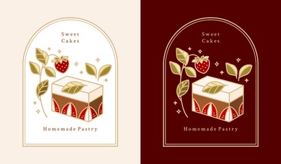 Hand drawn cake, pastry, bakery logo elements with strawberry, chocolate, leaf branch, and frame
