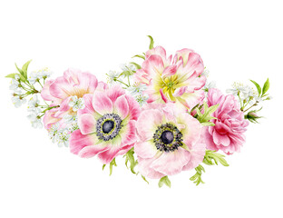A delicate beautiful spring bouquet of anemone,rose, tulip and cherry flowers. Watercolour illustration.