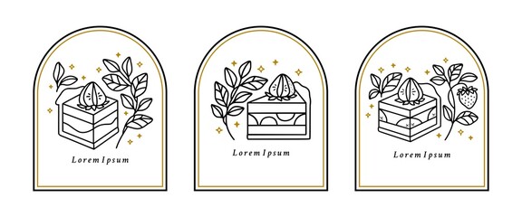 Set of hand drawn cake, pastry and bakery logo elements isolated on white background