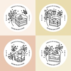 Set of hand drawn cake, pastry and bakery logo elements