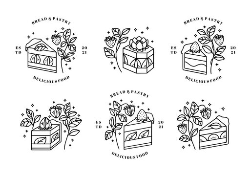 Set of hand drawn cake, pastry and bakery logo elements isolated on white background