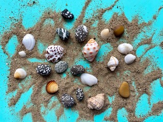 Seashells, sand, sea pebbles on a blue background.  Colorful bright summer beach composition.  Top view, flat lay, copy space.