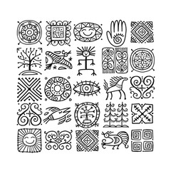 Ethnic handmade ornament, Folk Nordic Symbols. Art background for your design