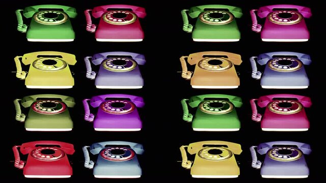 multicolor retro phones ringing on a black background 