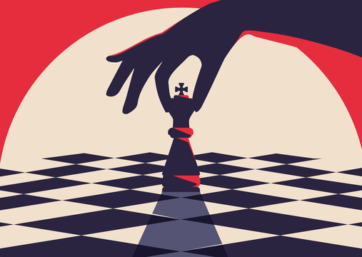 Banner template with hand holding chess piece. Strategy concept art in flat design.