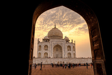 beautiful view of taj mahal and dramatic sky in background.