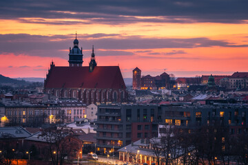 Evening view of Krakow. The Wawel and other monuments of the old town are visible.