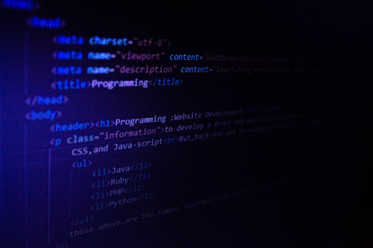Closeup image of HTML code.Coding.Programming.Developing a webpage.Front-end development.Html coding.Html programming.