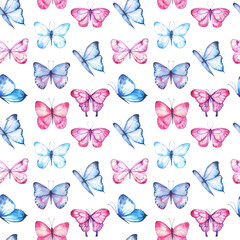 Beautiful seamless pattern with watercolor hand drawn cute butterflies. Stock illustration. High quality illustration