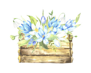 Watercolor floral illustration - basket with leaves and branches bouquets with blue flowers and leaves for wedding stationary, greetings, wallpapers, background. Roses, green leaves. . High quality