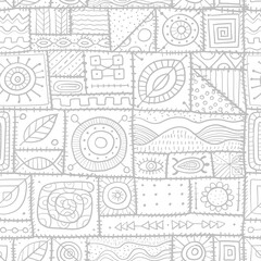 Fototapeta premium Sewn pieces of fabric in a patchwork style. Ethnic Ornament for your design. Seamless pattern