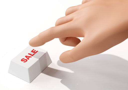 Hand push sale button isolated on white background, 3d illustration.