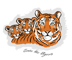 Tigress with cubs. Tigers family for your design. Save the Tigers.