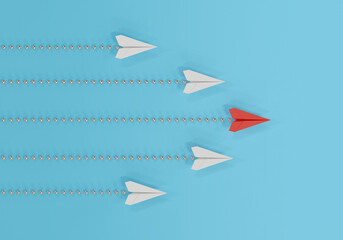 Paper plane in one direction on blue background. business concept for new ideas creativity. paper art style, 3d illustration.