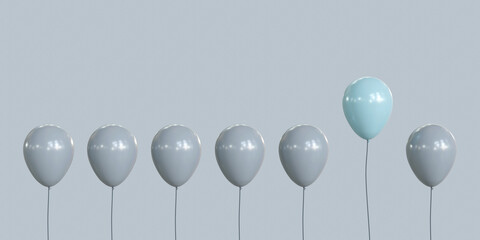 One blue balloon flying away from other balloons, 3d illustration.