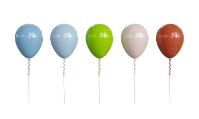 Five colorful balloons isolated on white background, 3d illustration.
