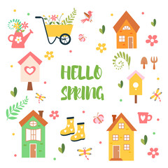 Hello spring with lettering and elements: birds, house, birdhouse, butterfly, flowers, watering can, garden wheelbarrow, dragonfly. Hand drawn elements in flat style. Vector illustration.