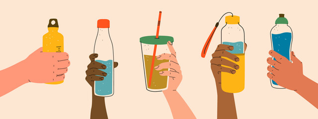 Reusable container for liquids. Various poses of hands holding a bottle, tumbler, sports water bottle. Use your own bottle. Vector, retro colors.