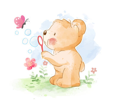 Little bear blowing bubble with little butterfly illustration