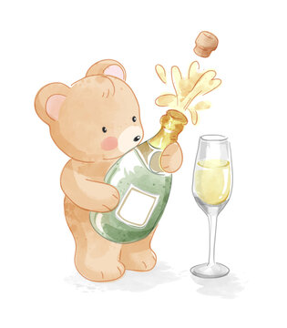 Cute cartoon bear holding champagne bottle illustration