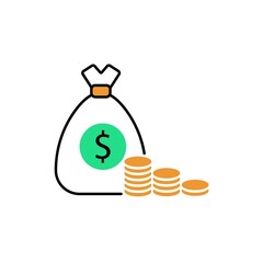 Money bag thin line Icon in black. Busines concept. Dollars symbol. Growth coins concept. Isolated illustration on white. Trendy flat style for app, graphic design, web site, UI. Vector EPS 10