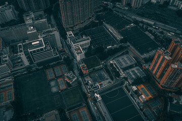 Stunning aerial view of the very crowded Hong Kong island streets