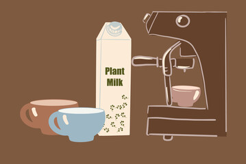 A packaging of plant base milk near coffee machine and cups of coffee. Vegetarian alternative milk. Vector illustration.