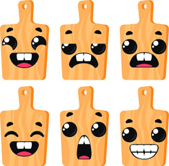 Set of kitchen chopping boards with different emotions. Cute color bright picture. Vector illustration in cartoon style.