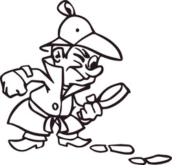 Detective is investigating a crime. Spy with magnifying glass and traces. Vector illustration in cartoon style.