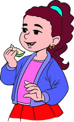 Girl eating an apple. Baby healthy food. Vector illustration in cartoon style.