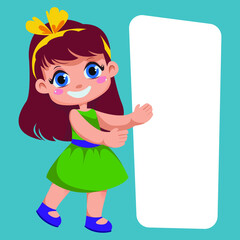 Girl child shows on the white rectangle. Place for text. Template for lettering. Vector illustration in cartoon style.