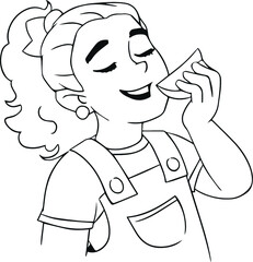 Little girl eats fruit. Coloring children. Vector black and white.