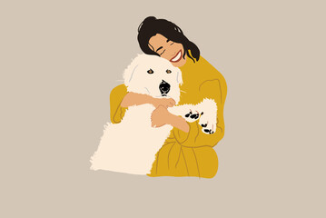 Happy woman hugs with a big white dog. Lifestyle and pet friendly concept. Have a fun together. Vector illustration.