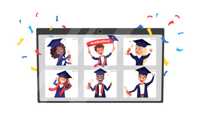 Group of multiethnic graduates in academic gowns and caps celebrating graduation during coronavirus lockdown or quarantine. Virtual online ceremony on a tablet monitor. Vector illustration
