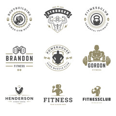 Obraz premium Fitness center and sport gym logos and badges design set vector illustration.