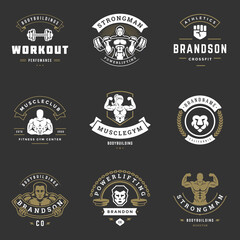 Fitness center and sport gym logos and badges design set vector illustration.