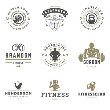 Fitness center and sport gym logos and badges design set vector illustration.