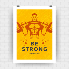 Fitness motivation poster retro typographic quote design template with bodybuilder man lifting barbell silhouette