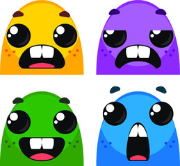 Cartoon monsters. Set of different emotions on the faces of the characters. Bright color vector drawing.