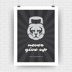 Fitness motivation poster retro typographic quote design template with kettlebell as lion head symbol silhouette