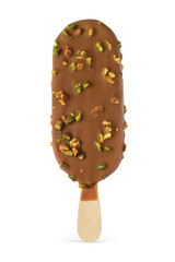 Ice cream bar with chocolate and pistachio nuts isolated.