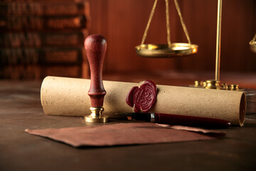 Stamp, envelope,testament and scales. Notary public tools