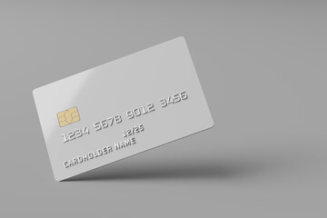 White plastic card with chip on gray background . Payment or credit card. 3D rendering.