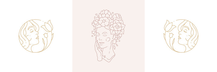 Magic nymphs tender female enchantresses in boho linear style vector illustrations set.