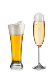 Full champagne and beer glasses with foam