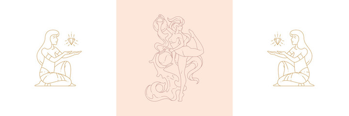 Magic ancient priestess and female aquarius in boho linear style vector illustrations set.