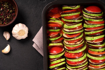 Ratatouille - a traditional vegetable dish of French cuisine. Ratatouille dish of eggplant,...
