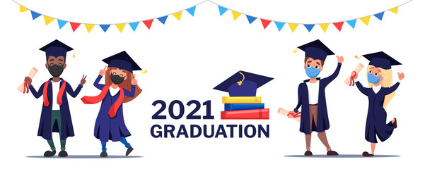 Virtual graduation ceremony 2021 banner. Online video call conference with all graduates in mortarboards and gowns with confetti around the phones. Pandemic coronavirus covid-19. Vector illustration